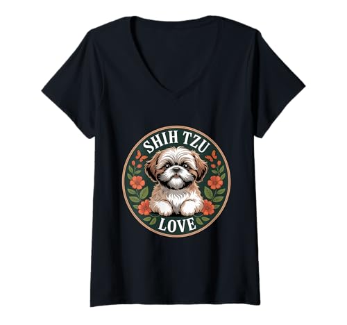 Damen Lustiger Shih Tzu Spruch Süß Hund Liebe mit Blumen Frauen Männer T-Shirt mit V-Ausschnitt von Adorable Puppy Lovers Pet Breed Shih Tzu Fans