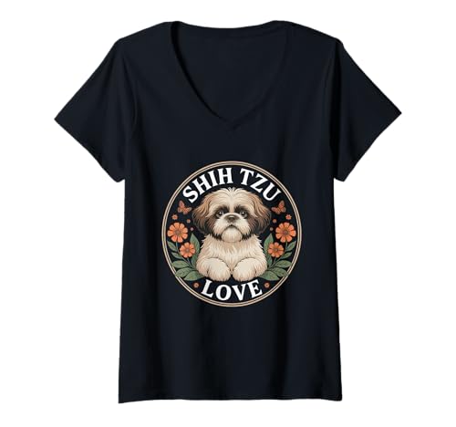 Damen Lustiger Shih Tzu Spruch Süß Hund Liebe mit Blumen Frauen Männer T-Shirt mit V-Ausschnitt von Adorable Puppy Lovers Pet Breed Shih Tzu Fans