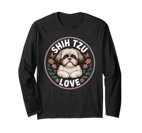 Lustiger Shih Tzu Spruch Süß Hund Liebe mit Blumen Frauen Männer Langarmshirt von Adorable Puppy Lovers Pet Breed Shih Tzu Fans
