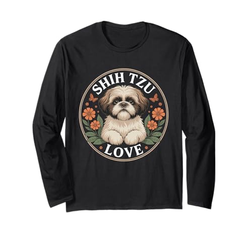 Lustiger Shih Tzu Spruch Süß Hund Liebe mit Blumen Frauen Männer Langarmshirt von Adorable Puppy Lovers Pet Breed Shih Tzu Fans