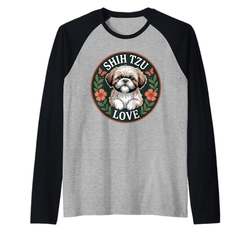 Lustiger Shih Tzu Spruch Süß Hund Liebe mit Blumen Frauen Männer Raglan von Adorable Puppy Lovers Pet Breed Shih Tzu Fans