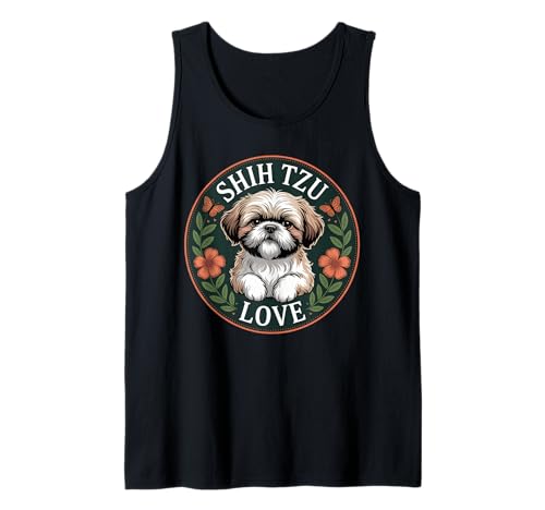 Lustiger Shih Tzu Spruch Süß Hund Liebe mit Blumen Frauen Männer Tank Top von Adorable Puppy Lovers Pet Breed Shih Tzu Fans