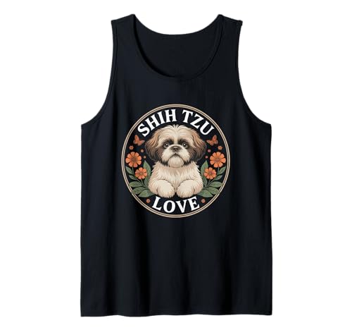Lustiger Shih Tzu Spruch Süß Hund Liebe mit Blumen Frauen Männer Tank Top von Adorable Puppy Lovers Pet Breed Shih Tzu Fans