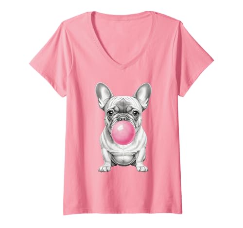 Damen Französische Bulldogge mit Kaugummi-Blase – niedliche Hunde-Illustration T-Shirt mit V-Ausschnitt Damen Französische Bulldogge mit Kaugummi-Blase – niedliche Hunde-Illustration T-Shirt mit V-Ausschnitt von Adorable Pups