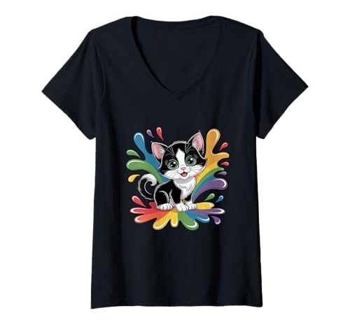 Damen Niedliches Kätzchen mit Spritzer Regenbogenfarben T-Shirt mit V-Ausschnitt Damen Niedliches Kätzchen mit Spritzer Regenbogenfarben T-Shirt mit V-Ausschnitt von Adorable Rainbow Kitten