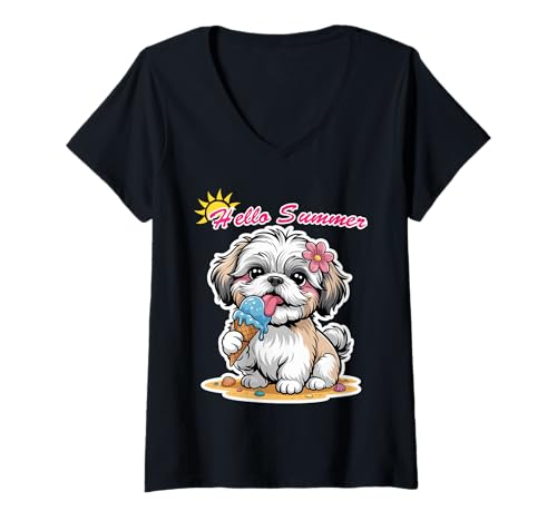 Damen Cute Dog Eating Ice Cream Summer Happy Puppy Hello Summer T-Shirt mit V-Ausschnitt Damen Cute Dog Eating Ice Cream Summer Happy Puppy Hello Summer T-Shirt mit V-Ausschnitt von Adorable Shih Tzu Dog Beach Ice Cream Dog Lover
