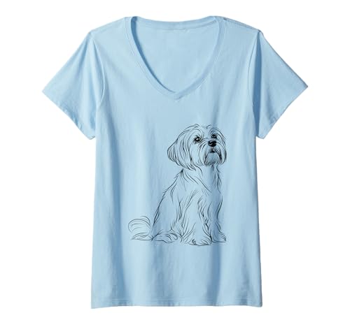 Damen Charmantes Shih Tzu Line Art Design T-Shirt mit V-Ausschnitt von Adorable Shih Tzu Lovers Art