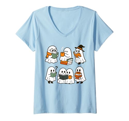 Damen Niedliche Geister lesen Bücher Halloween T-Shirt mit V-Ausschnitt Damen Niedliche Geister lesen Bücher Halloween T-Shirt mit V-Ausschnitt von Adorable Spooky Ghost Reading Books