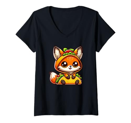 Damen Niedlicher Cartoon-Taco-Fuchs, mexikanischer ESS T-Shirt mit V-Ausschnitt Damen Niedlicher Cartoon-Taco-Fuchs, mexikanischer ESS T-Shirt mit V-Ausschnitt von Adorable Taco Fox Cute Foodies Collection