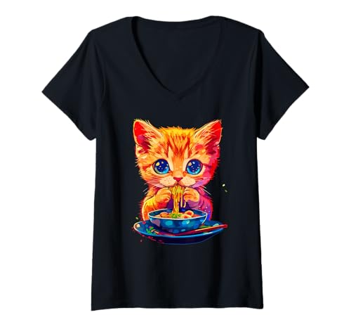 Damen Niedliches Kätzchen, schlürfende Nudeln, entzückende Augen T-Shirt mit V-Ausschnitt Damen Niedliches Kätzchen, schlürfende Nudeln, entzückende Augen T-Shirt mit V-Ausschnitt von Adorable Whiskers Noodle Feline Lovers