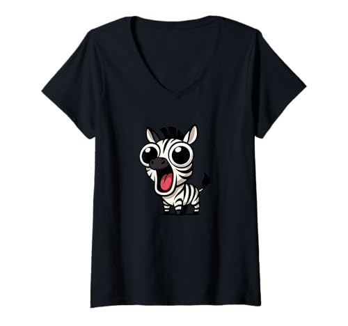 Damen Niedliches Cartoon-Zebra mit großen Augen Überraschung T-Shirt mit V-Ausschnitt von Adorable Zoo Animals Cartoon Character Designs