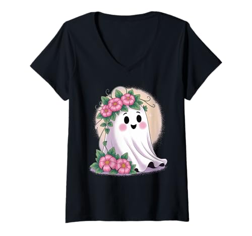 Damen Niedlicher Geist mit Blumen T-Shirt mit V-Ausschnitt von Adorable ghost with leaves and flowers