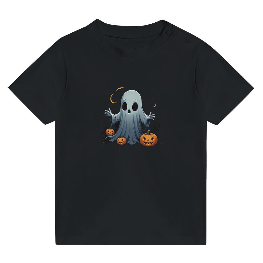 Baby Crewneck T-Shirt Halloween Ghost With Pumpkin von AdorableCutiepies