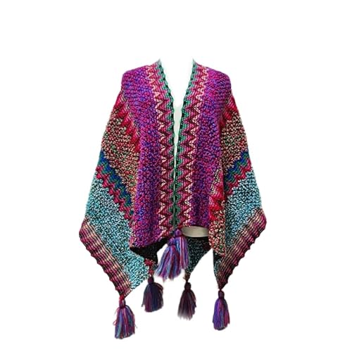 Adore Life Gestrickter Poncho-Pullover für Damen – weiche, warme und dicke Strickjacken-Stil Schals und Wraps mit Fransen und Quasten, Fuchsia-Blau, XS-XL von Adore Life