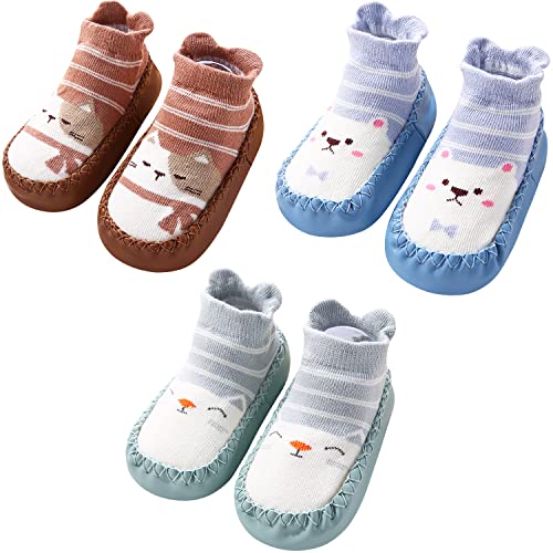 Adorel Baby Hüttenschuhe Baumwolle Rutschfest ABS Socken Stoppersocken 3er-Pack Hellgrün & Blau & Braun 12-18 Monate (Herstellergröße 13) von Adorel