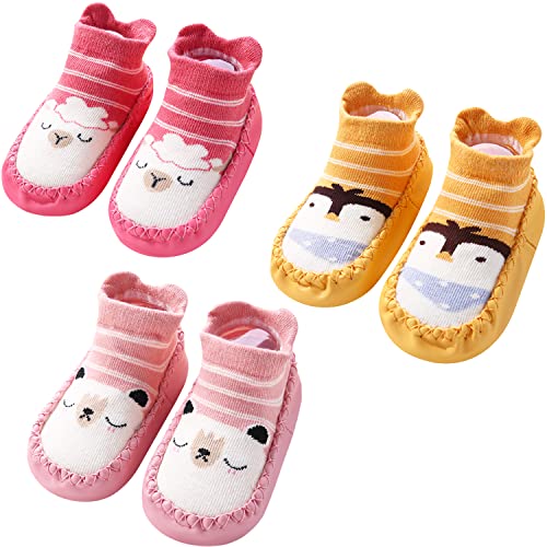 Adorel Baby Hüttenschuhe Baumwolle Rutschfest ABS Socken Stoppersocken 3er-Pack Rot & Rosa & Gelb 2-3 Jahre (Herstellergröße 15) von Adorel