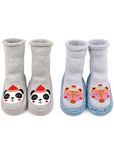 Adorel Baby Hüttenschuhe Gefüttert Socken Anti-Rutsch 2 Paar Blau Fuchs & Grau Panda 24 (Herstellergröße 15) von Adorel