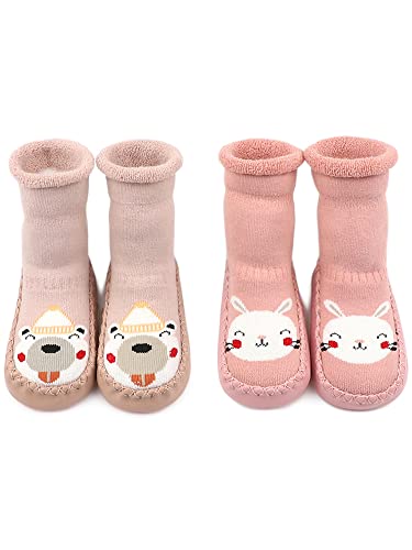 Adorel Baby Hüttenschuhe Gefüttert Frottee Anti-Rutsch Winter Socken 2 Paar Häschen & Bärchen 21 (Herstellergröße 13) von Adorel