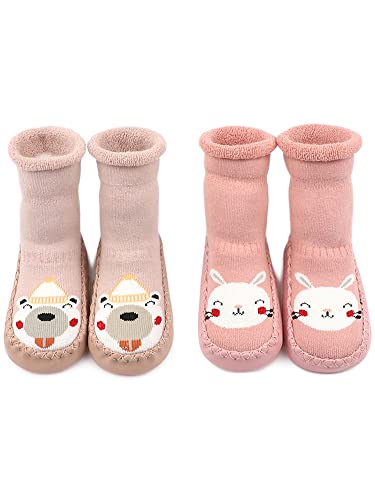 Adorel Baby Hüttenschuhe Gefüttert Frottee Anti-Rutsch Winter Socken 2 Paar Häschen & Bärchen 18-24 Monate (Herstellergröße 14) von Adorel