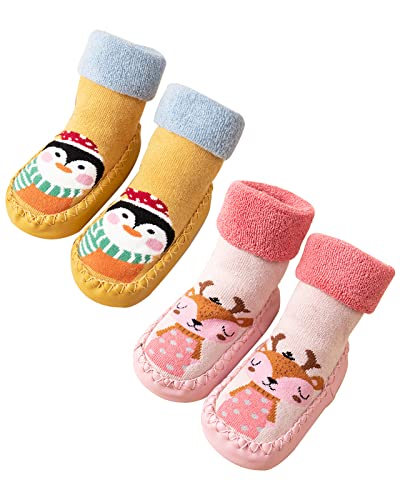 Adorel Baby Hüttenschuhe Gefüttert Frottee Anti-Rutsch Winter Socken 2 Paar Rosa Hirsch & Gelb Pinguin 24 (Herstellergröße 15) von Adorel