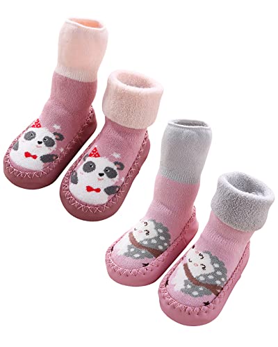 Adorel Baby Hüttenschuhe Gefüttert Frottee Anti-Rutsch Winter Socken 2 Paar Rosa Igel & Panda 21 (Herstellergröße 13) von Adorel