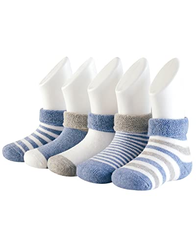 Adorel Baby Jungen Socken Baumwolle Frottee Gefüttert Winter Strümpfe 5er-Pack Dunkelblau Streifen 1-3 Jahre (Herstellergr. L) von Adorel