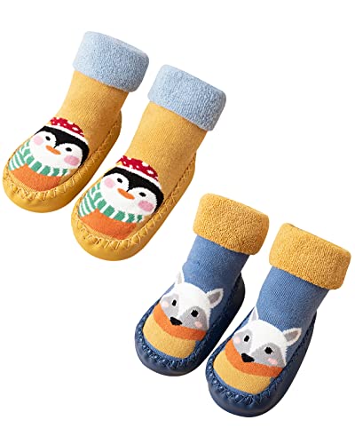 Adorel Baby Hüttenschuhe Antirutsch Gefüttert ABS Socken Stoppersocken 2 Paar Blau Fuchs Gelb Pinguin 18-24 Monate (Herstellergröße 15) von Adorel