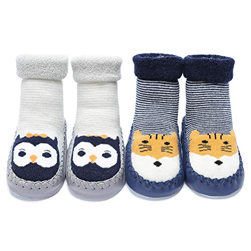 Adorel Baby Socken Anti-Rutsch Hüttenschuhe Gefüttert 2 Paar Blau Hamster & Grau Eule 17-18 EU (Herstellergröße 12) von Adorel