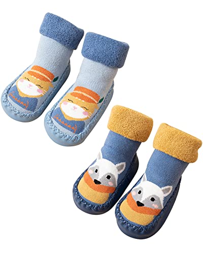 Adorel Baby Hüttenschuhe Antirutsch Gefüttert ABS Socken Stoppersocken 2 Paar Hellblau Katze Blau Fuchs 6-9 Monate (Herstellergröße 12) von Adorel