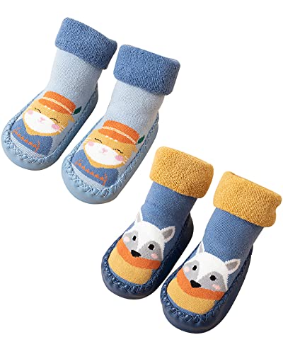 Adorel Baby Hüttenschuhe Antirutsch Gefüttert ABS Socken Stoppersocken 2 Paar Hellblau Katze Blau Fuchs 22-23 EU (Herstellergröße 14) von Adorel