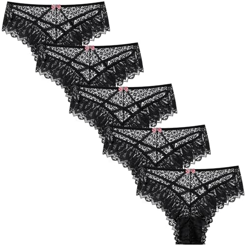 Adorel Damen Tangas Spitzen Unsichtbar Sexy Unterwäsche Slips Strings 5er-Pack Mystisches Schwarz M von Adorel