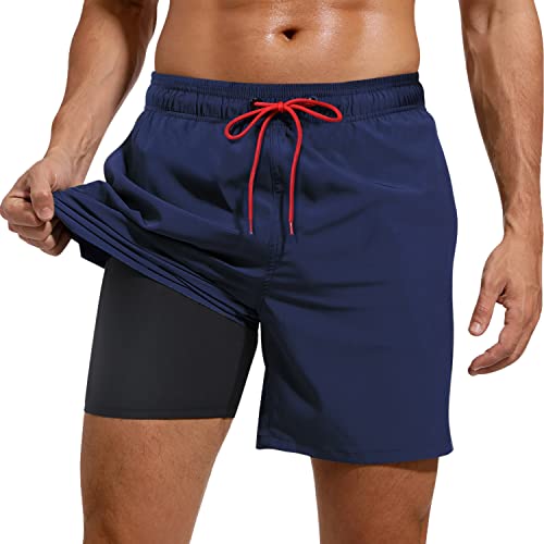 Adorel Herren Sport Shorts 2 in 1 mit Tasche Kurz Strand Sporthosen Laufshorts Dunkelblau mit Kompression 2XL von Adorel