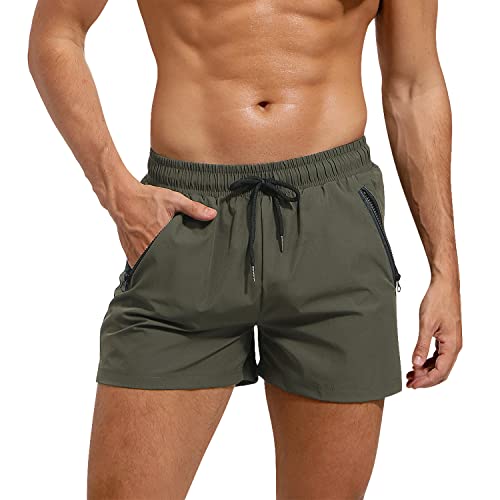 Adorel Herren Badeshorts Sport Tasche Reißverschluss Kurz Verstellbar Badehosen Armeegrün L von Adorel