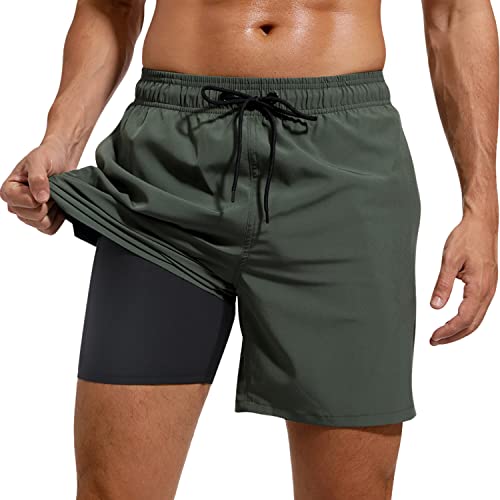 Adorel Herren Sport Shorts 2 in 1 mit Tasche Kurz Strand Sporthosen Laufshorts Armeegrün mit Kompression M von Adorel