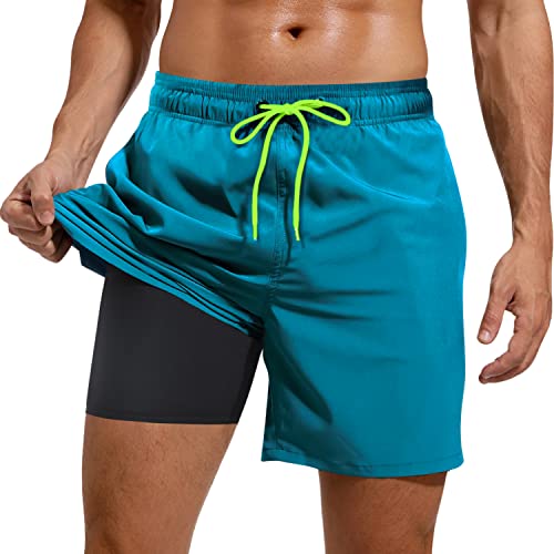 Adorel Herren Sport Shorts 2 in 1 mit Tasche Kurz Strand Sporthosen Laufshorts Hellblau mit Kompression 2XL von Adorel