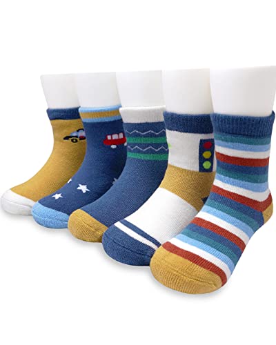 Adorel Jungen Socken Frottee Gefüttert Baumwolle Strümpfe Thermosocken 5er-Pack Fahrzeug 20-23 (Herstellergröße S) von Adorel