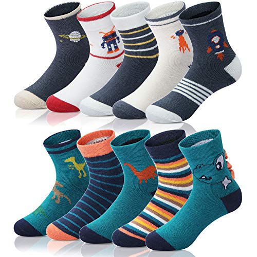 Adorel Jungen Socken Baumwolle Kindersocken Babysocken Strümpfe 10er-Pack Dinosaurier und Raumfahrt 21-23 EU (Herstellergr. S) von Adorel