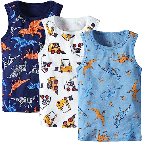 Adorel Jungen Unterhemden Baumwolle Ärmellos Tank Top Unterwäsche 3er-Pack Bagger und Dinosaurier 116 EU (Herstellergröße 130) von Adorel