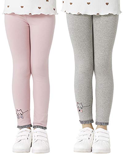 Adorel Mädchen Leggings Baumwolle Unifarbe Hosen Katze Stickerei 2er-Pack Rosa & Hellgrau 104 EU (Herstellergröße 110) von Adorel