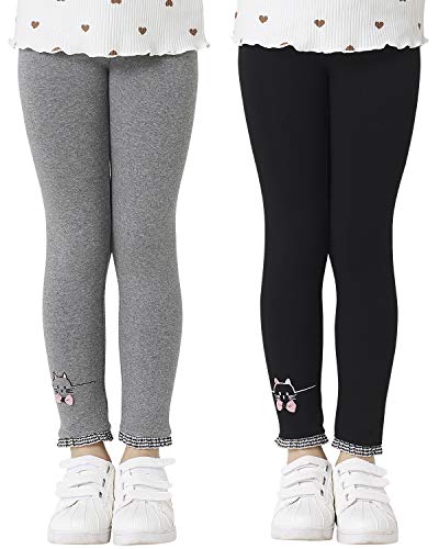 Adorel Mädchen Leggings Baumwolle Unifarbe Hosen Katze Stickerei 2er-Pack Schwarz & Dunkelgrau 110-116 EU (Herstellergröße 120) von Adorel