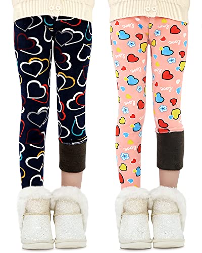 Adorel Mädchen Winter Leggings Gefüttert Warm Bunt Dicke Thermohosen 2er-Pack Schwarz Herzen & Rosa Herzen 152-158 (Herstellergröße 160) von Adorel