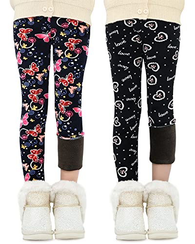 Adorel Mädchen Winter Leggings Gefüttert Warm Bunt Dicke Thermohosen 2er-Pack Schwarz Schleife & Dunkelblau Schmetterling 104-110 (Herstellergröße 110) von Adorel