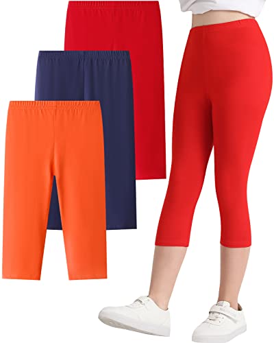 Adorel Mädchen Leggings Sommer Kurz Capri Hosen Sport Radler Shorts 3er-Pack Rot & Orange & Dunkelblau 110-116 (Herstellergröße 120) von Adorel