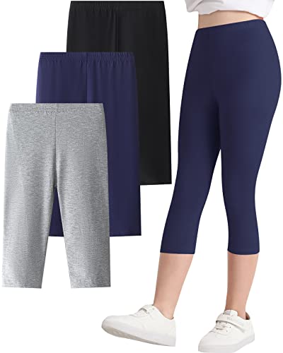 Adorel Mädchen Leggings Sommer Kurz Capri Hosen Sport Radler Shorts 3er-Pack Schwarz & Dunkelblau & Hellgrau 104-110 (Herstellergröße 110) von Adorel