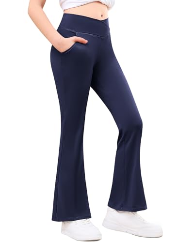 Adorel Mädchen Schlaghosen Bootcut Schlag Sport Leggings mit Taschen Yogahosen Dunkelblau 134-140 EU (Herstellergröße 140) von Adorel