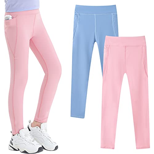 Adorel Mädchen Sport Leggings Lang Fitness Gymnastik Hosen Sporthosen 2er-Pack Hellblau Rosa (mit Tasche) 134-140 EU (Herstellergröße 140) von Adorel