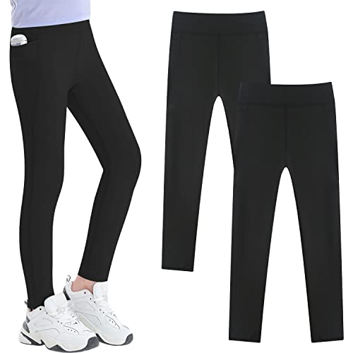 Adorel Mädchen Sport Leggings Lang Fitness Gymnastik Hosen Sporthosen 2er-Pack Schwarz (mit Tasche) 116-122 EU (Herstellergröße 120) von Adorel