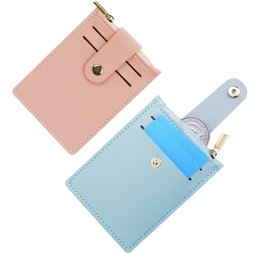 Adorila Kreditkartenetui für Damen, Leder, schmal, minimalistisch, kleine Vordertasche, Münzbörse mit Reißverschluss, 2 Stück, Pink / Blau, Kreditkartenetui Wallet style_name von Adorila