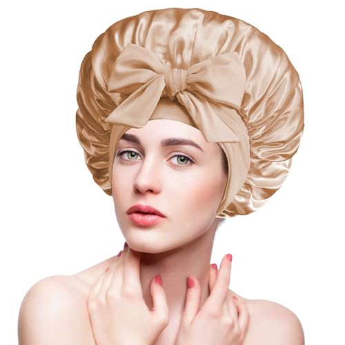 Adorila Satin-Seidenhaube für schlafende Frauen, weiches elastisches Band, Seidenhaarhaube, verstellbare Satin-Schlafmütze für lockiges Haar (Gold), Gold, Einheitsgröße von Adorila