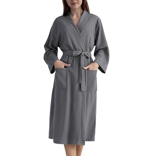 Adorling Bademantel für Damen Waffelstrick Morgenmantel Lässig Robe Hochzeit weich leicht knielang Loungewear von Adorling